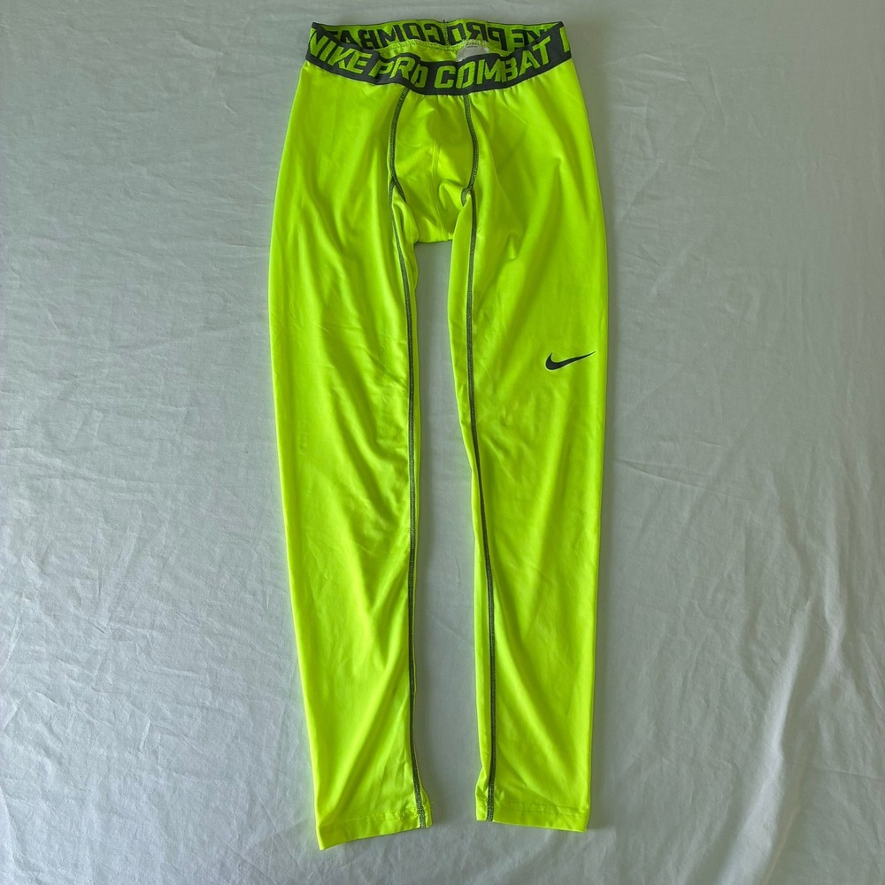 Nike Pro Combat Mens Volt Neon Yellow Compression Leggings Tights 449822-702 L